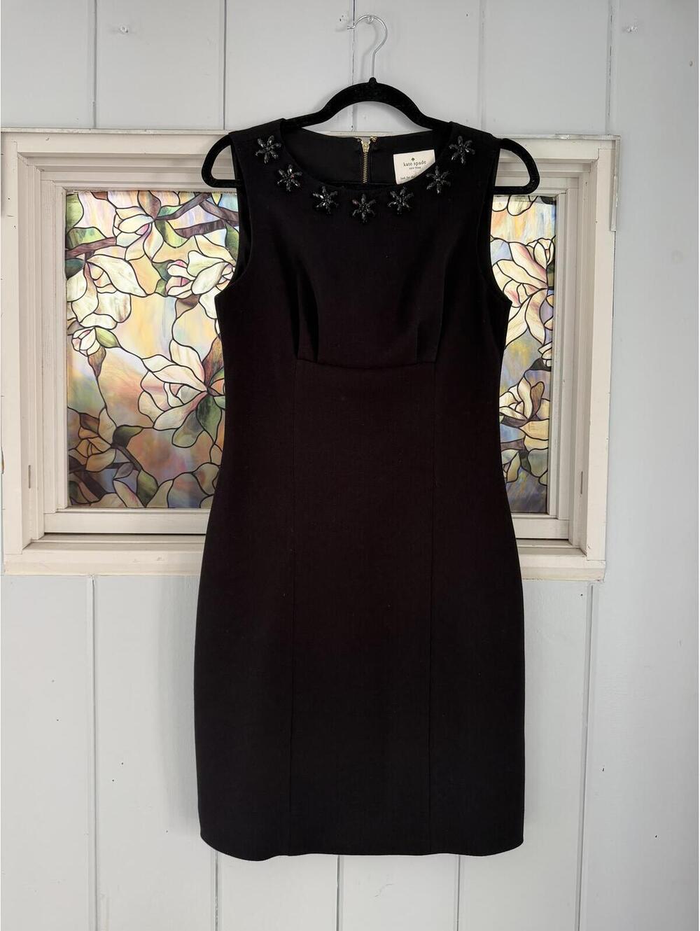 Kate Spade Black Sleeveless Fit and Flare Dress with Beaded Floral Neck size 6